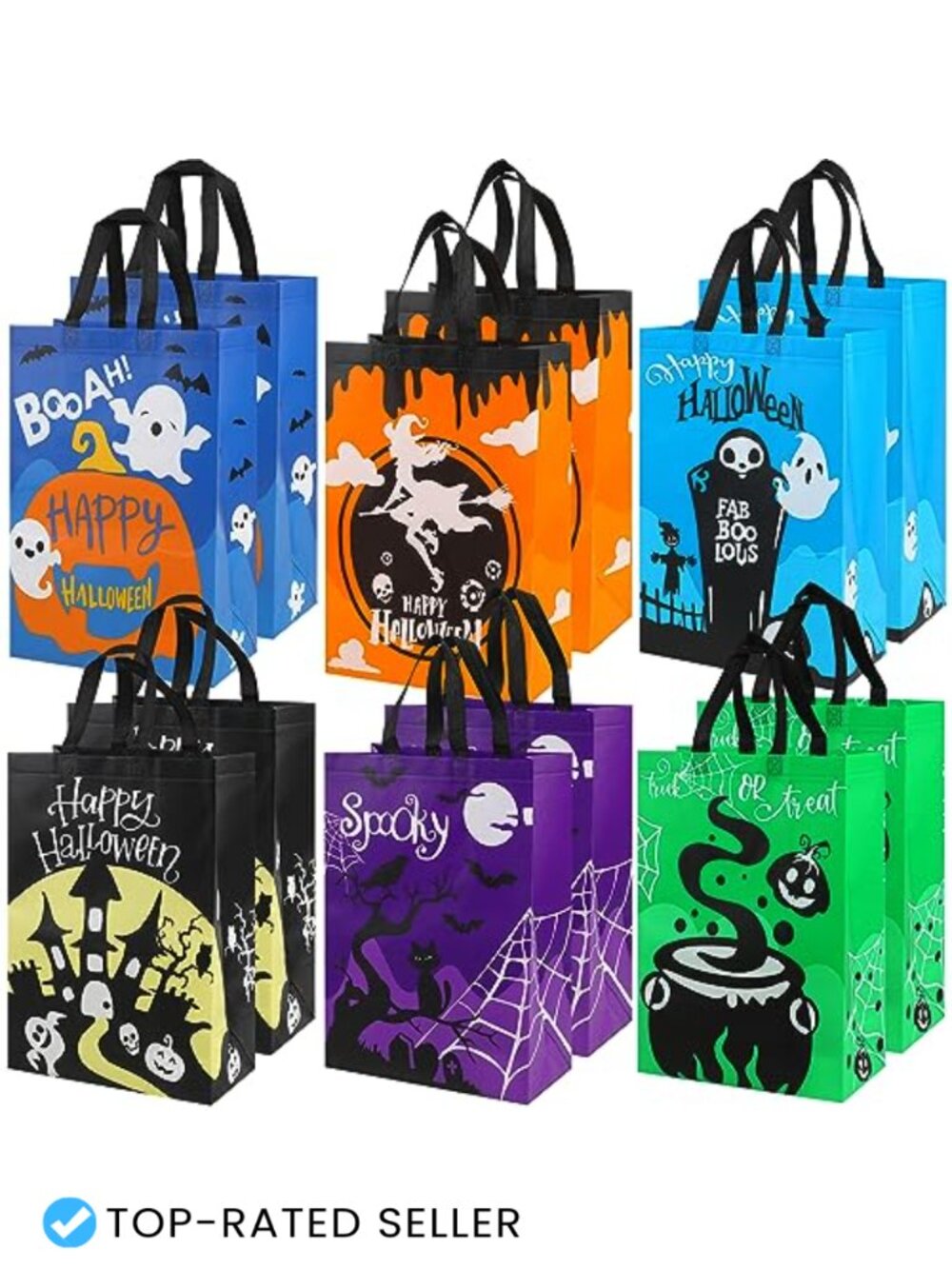 12 Pack Halloween Non-Woven Treat Bags Reusable Tote with Handles Large Candy